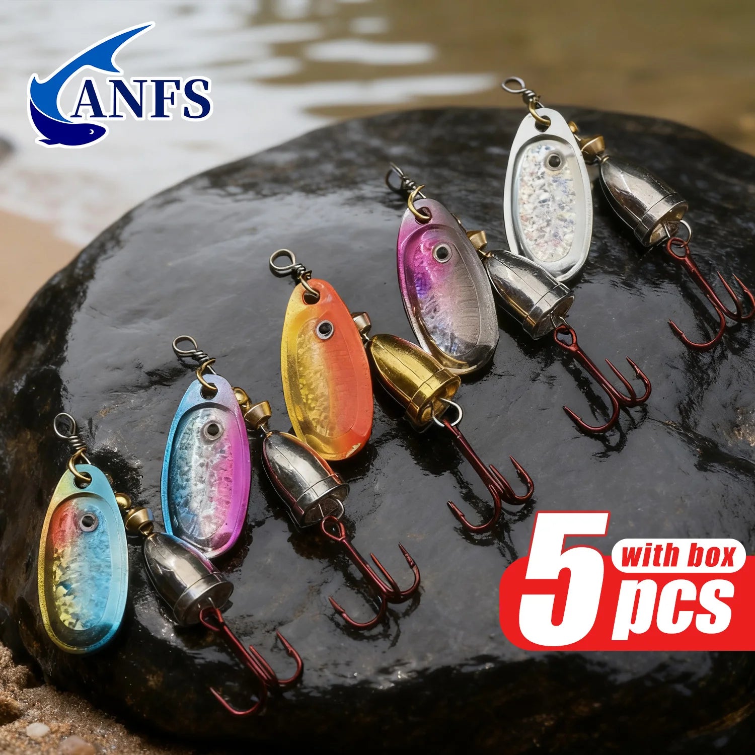 ANFS 5 señuelos de pesca de cobre – cucharas giratorias surtidas de colores con caja de señuelos, regalo ideal para pescadores