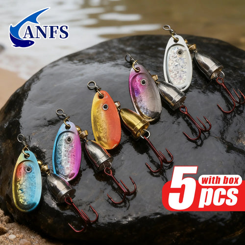 ANFS 5 señuelos de pesca de cobre – cucharas giratorias surtidas de colores con caja de señuelos, regalo ideal para pescadores