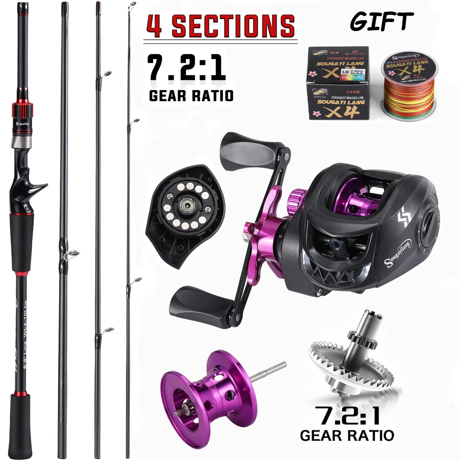 Combo de caña y reel de pesca Sougayilang 1,8 a 2,1 m de fibra de carbono, con reel relación 7.2:1, freno máximo de 10 kg y regalo incluido
