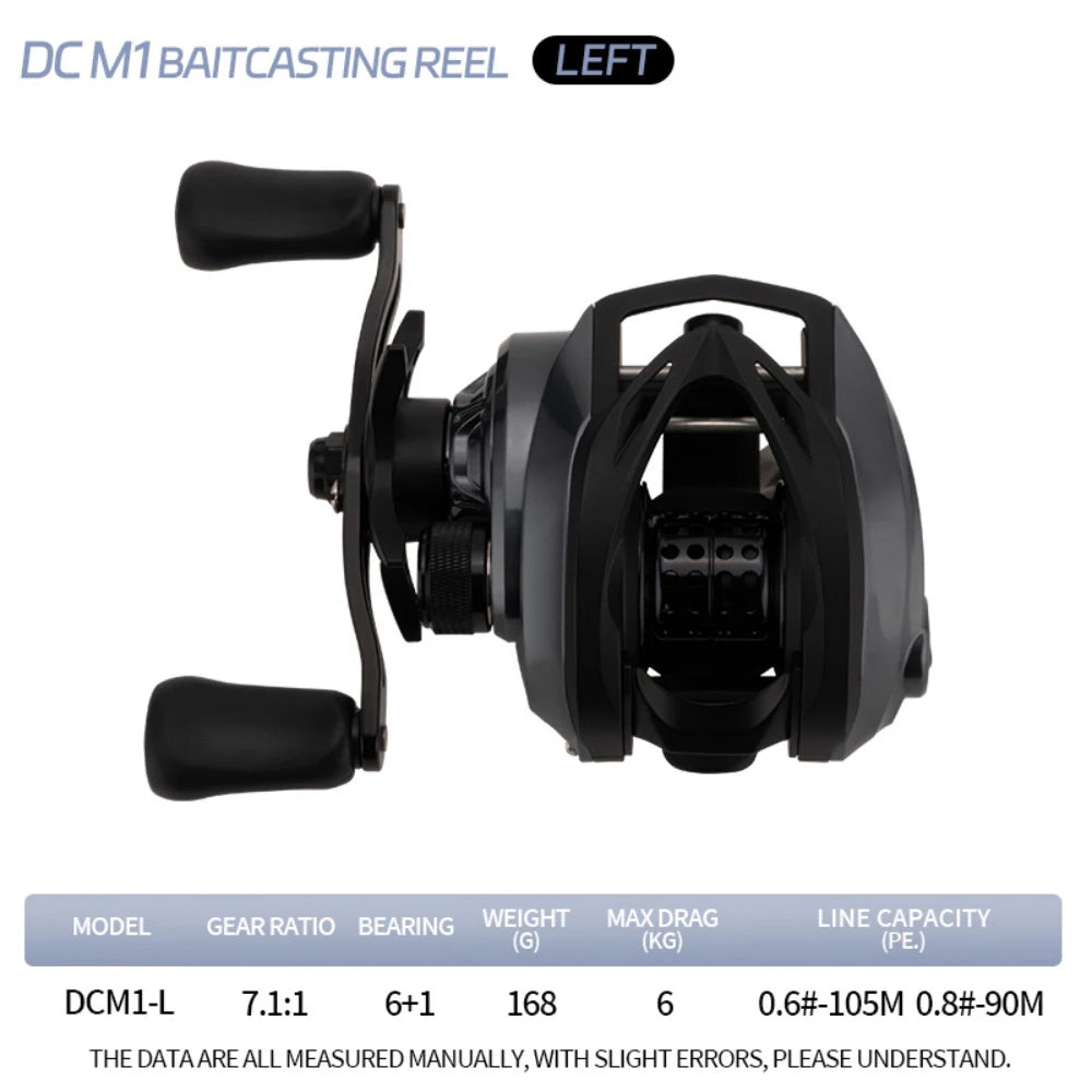 Reel rotativo baitcasting con freno electrónico DC 7.1:1, 6+1 rodamientos, sistema antienredo, arrastre de 6 kg, 168 g ultraliviano, ideal para pesca con señuelos de larga distancia
