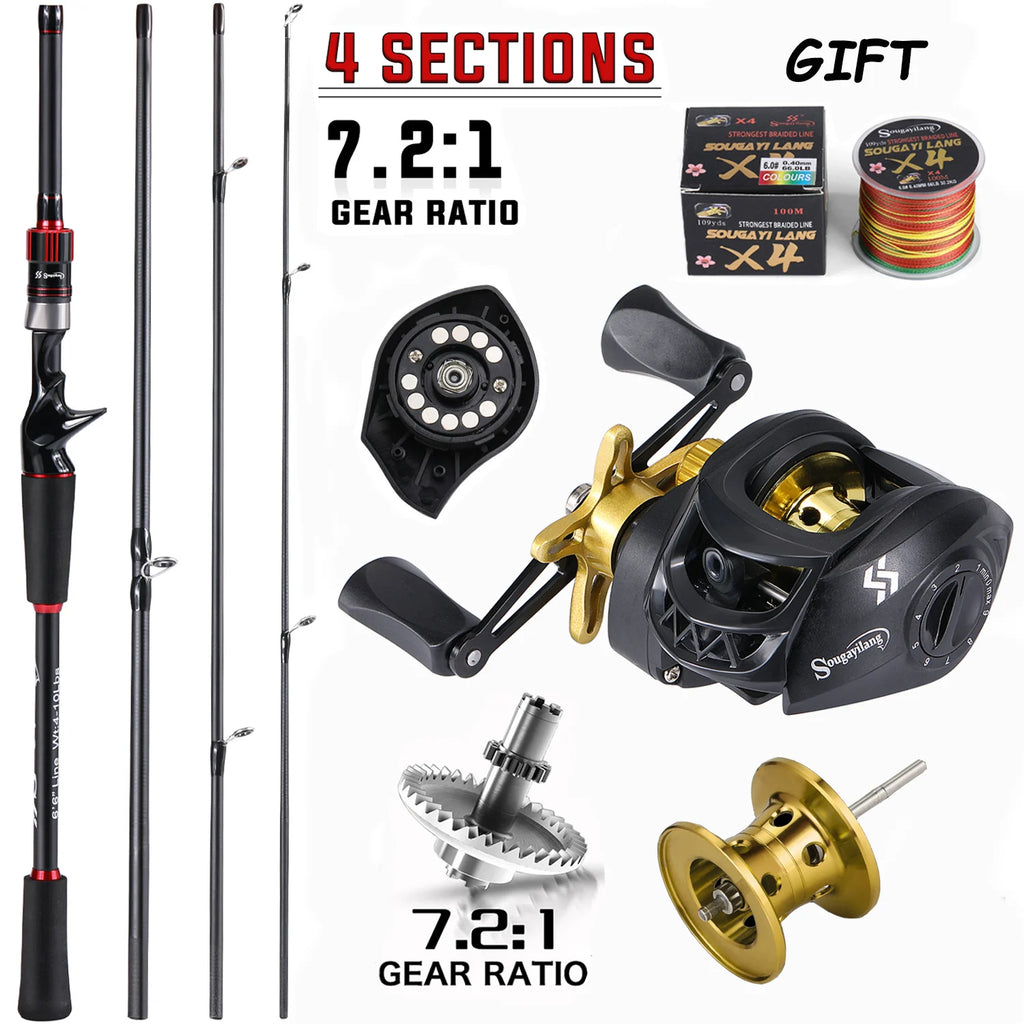 Combo de caña y reel de pesca Sougayilang 1,8 a 2,1 m de fibra de carbono, con reel relación 7.2:1, freno máximo de 10 kg y regalo incluido