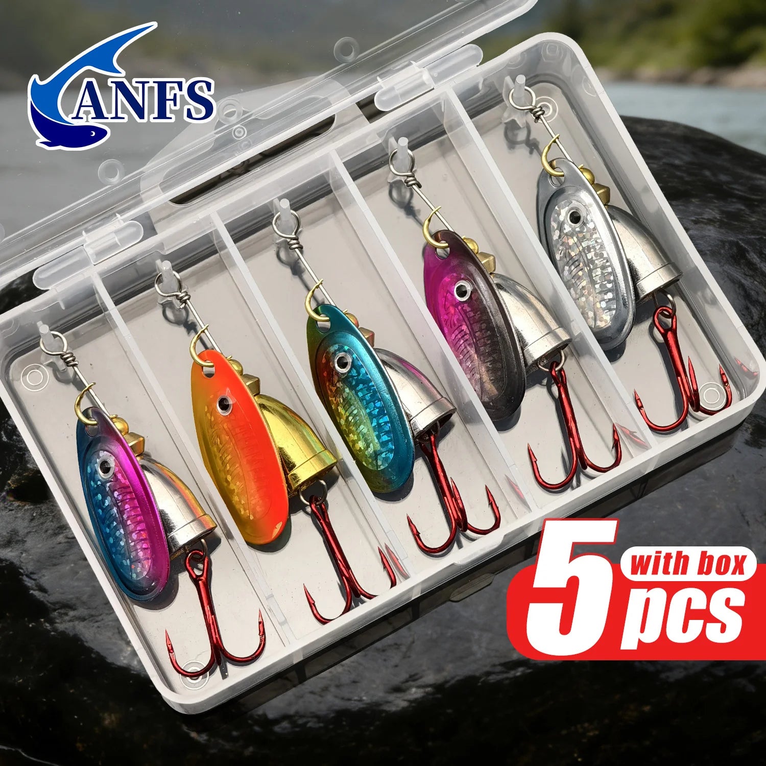 ANFS 5 señuelos de pesca de cobre – cucharas giratorias surtidas de colores con caja de señuelos, regalo ideal para pescadores