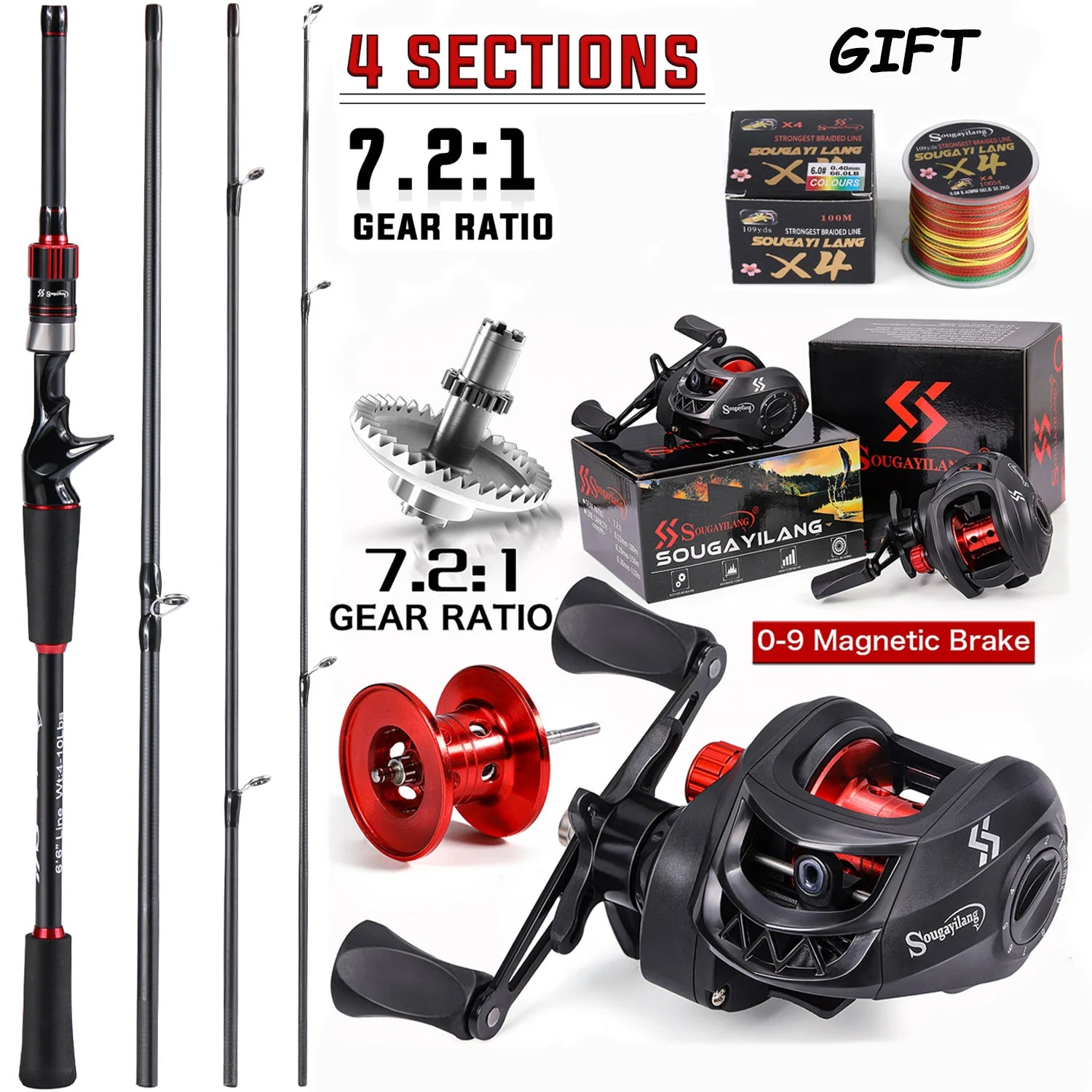 Combo de caña y reel de pesca Sougayilang 1,8 a 2,1 m de fibra de carbono, con reel relación 7.2:1, freno máximo de 10 kg y regalo incluido