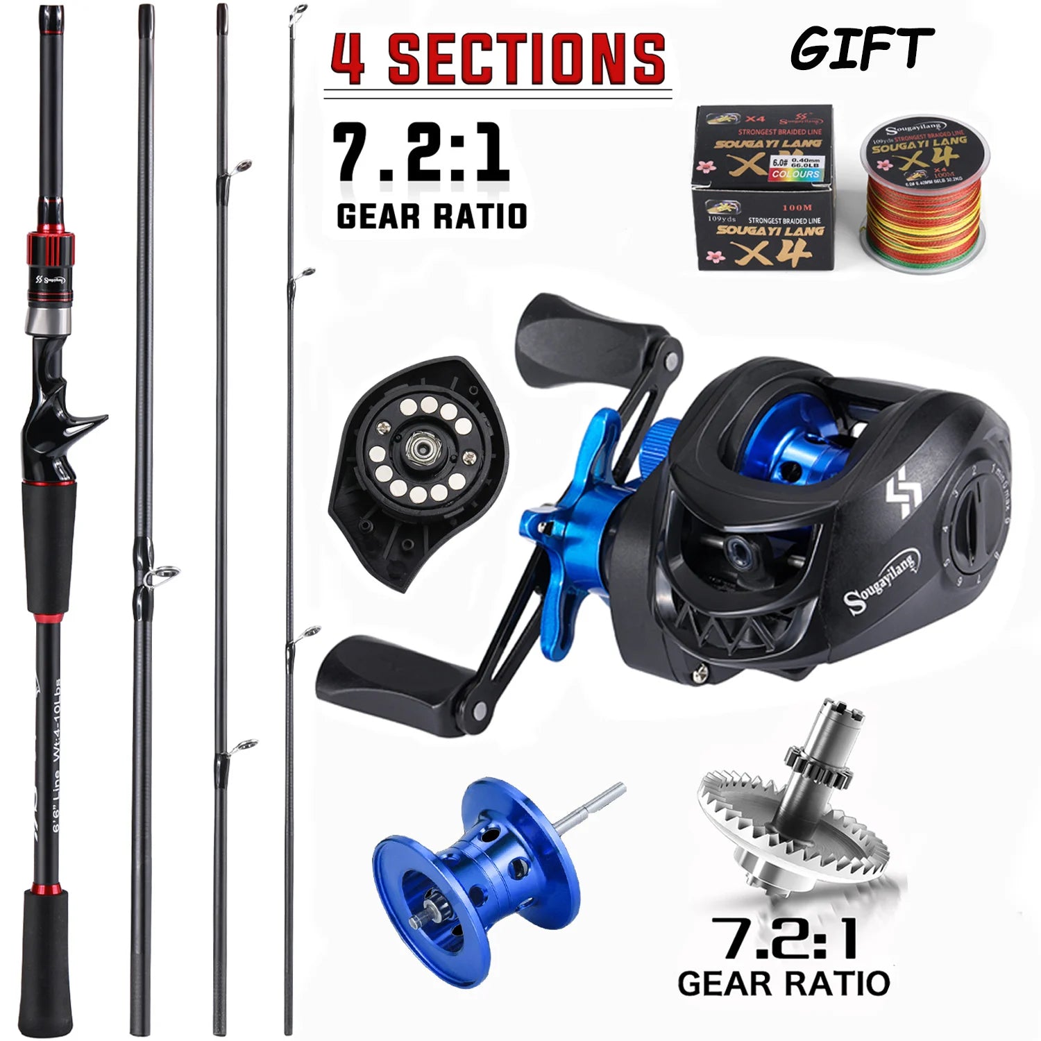Combo de caña y reel de pesca Sougayilang 1,8 a 2,1 m de fibra de carbono, con reel relación 7.2:1, freno máximo de 10 kg y regalo incluido