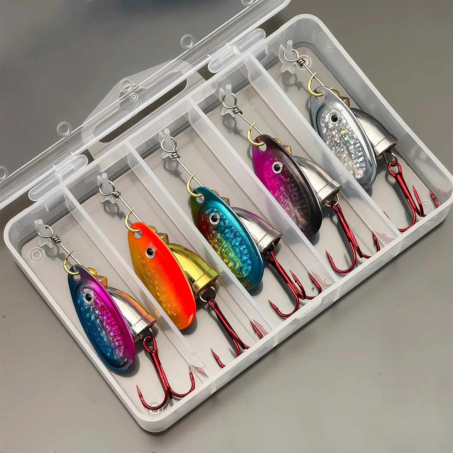 ANFS 5 señuelos de pesca de cobre – cucharas giratorias surtidas de colores con caja de señuelos, regalo ideal para pescadores