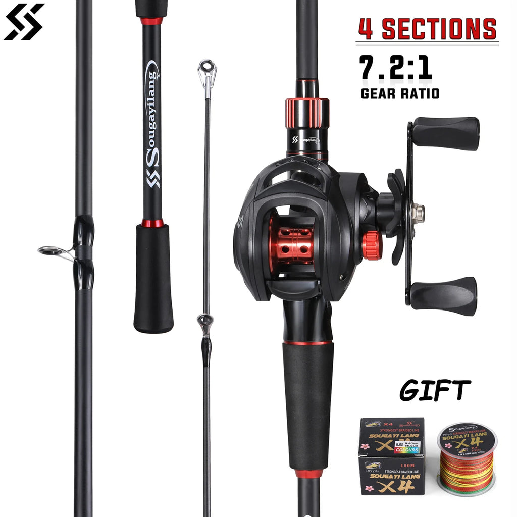 Combo de caña y reel de pesca Sougayilang 1,8 a 2,1 m de fibra de carbono, con reel relación 7.2:1, freno máximo de 10 kg y regalo incluido